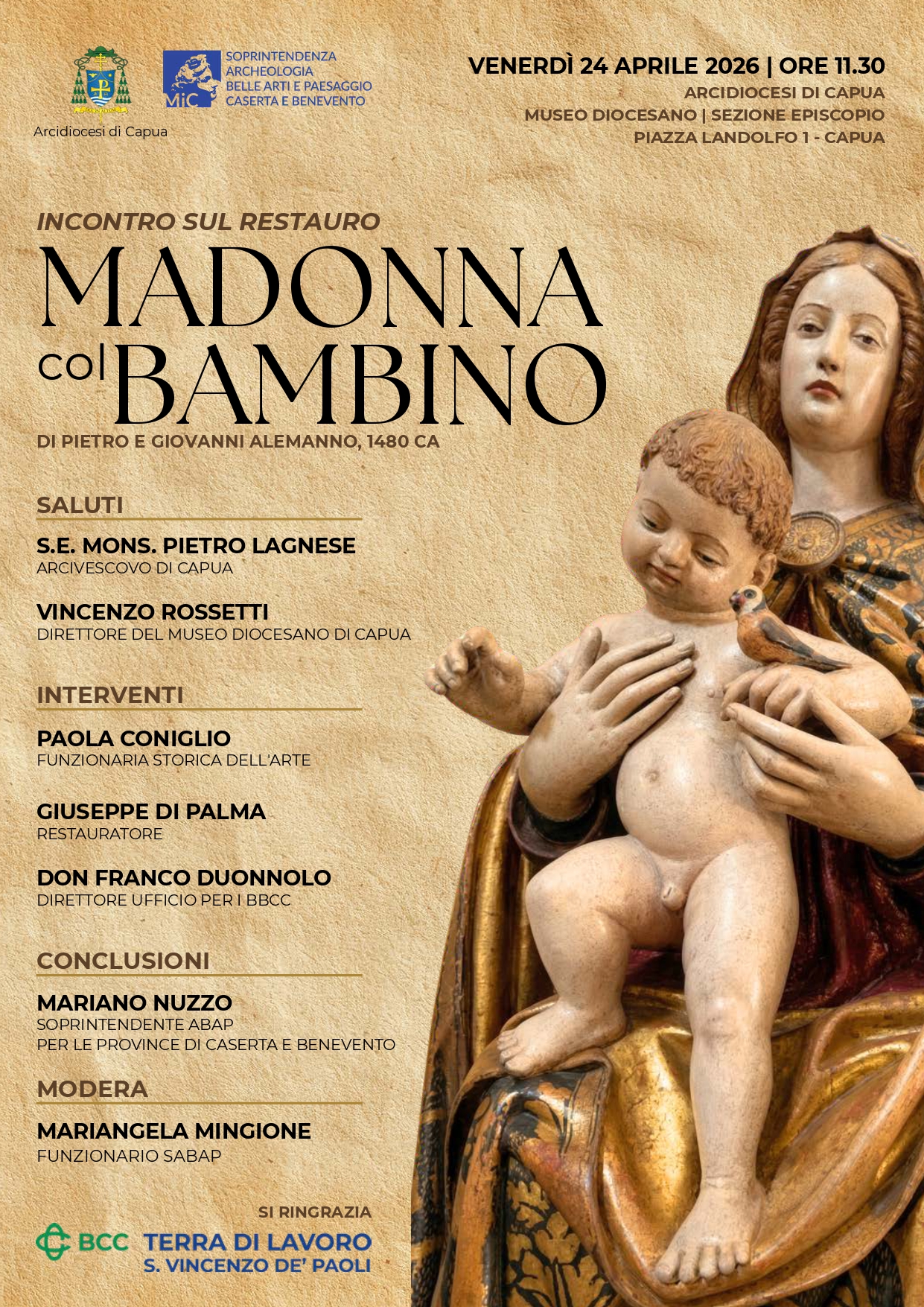 Capua, venerdì 24 aprile la Sabap di Caserta e Benevento invita all'incontro al restauro su La Madonna col Bambino di Pietro e Giovanni Alemanno